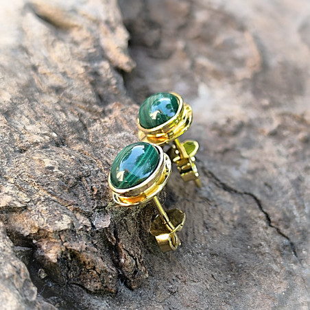 Boucles D'oreilles Anciennes Splendides - Malachite Verte, Rose Corail, Plaqué Or, Fermoir Dormeuses